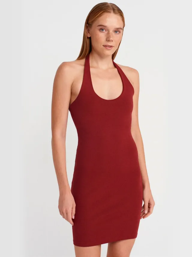 Dilvin Geribbelde Bodycon Mini-jurk Bordeauxrood