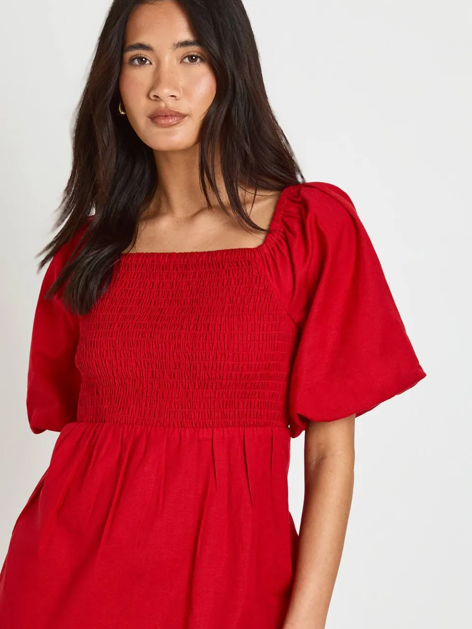 boohoo Dames Linnen-look Jurk Met Volumineuze Mouwen En Gelaagde Midaxi Rok rood, foto 3