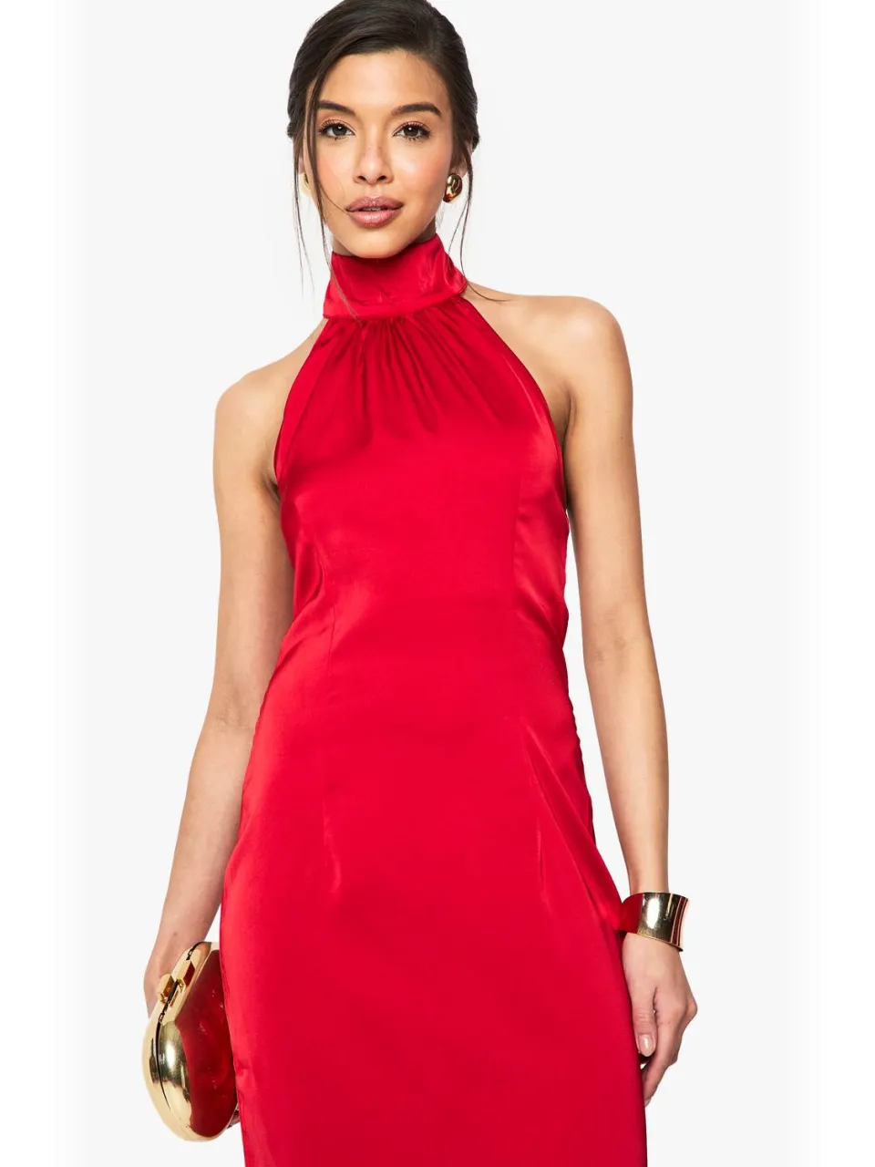 boohoo Dames Satijnen Halterneck Maxi Jurk rood, foto 2