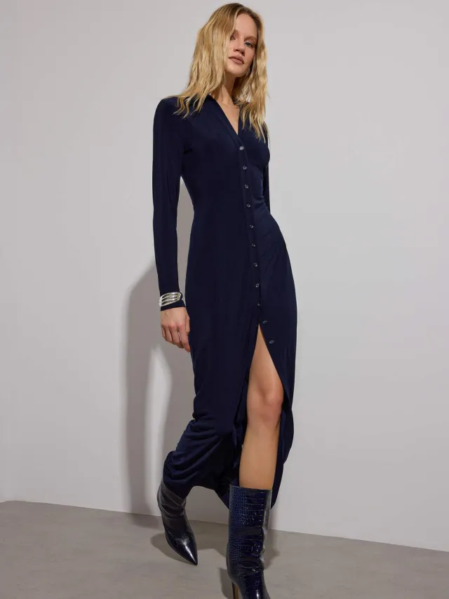 Trendyol TRENDYOLMİLLA Dames Donkerblauw Effen Maxi Lang Casual Bodycon Jurken Marineblauw/Blauw
