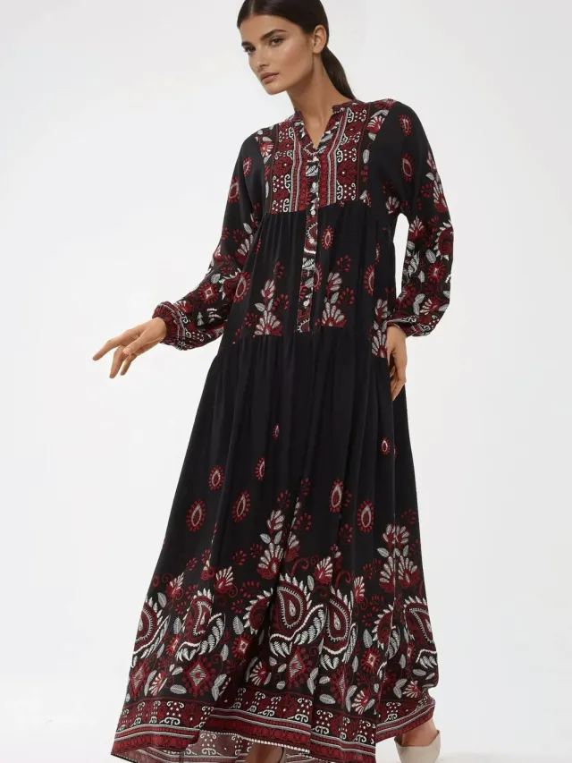 Hiccup Gedrukte Lange Mouw Viscose Maxi Jurk Zwart