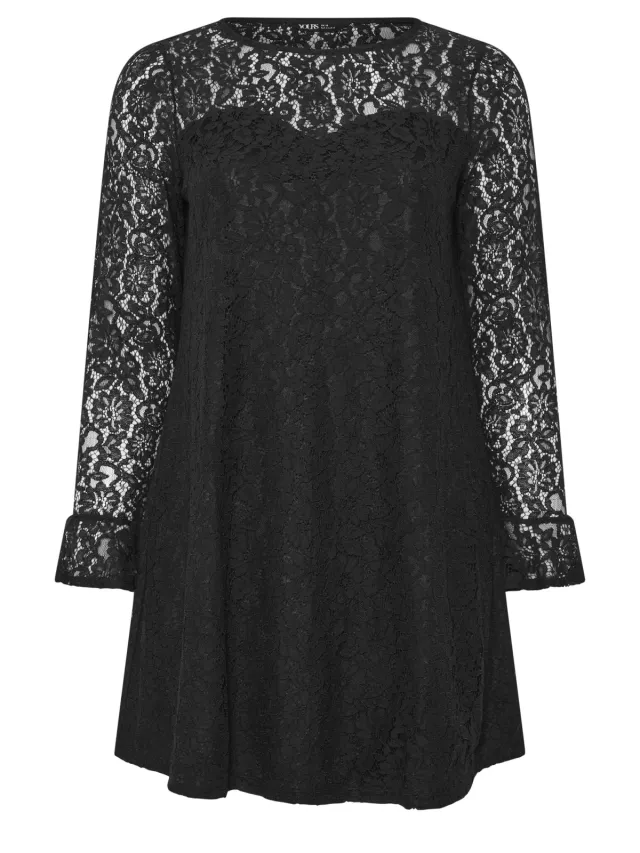 Yours Zwarte Jurk Van Kant Met Ruches Aan De Mouwen Black