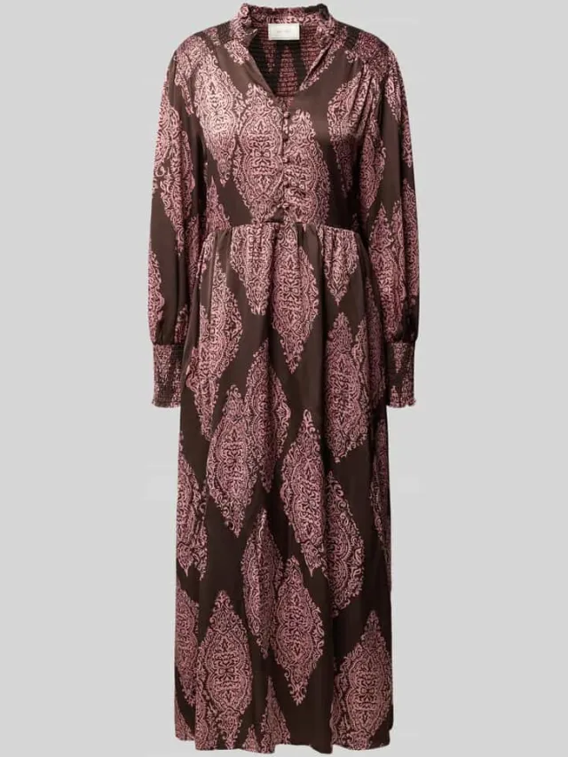 Neo Noir Maxi-jurk met smokdetails en v-hals model 'NOVALEE' Donkerbruin