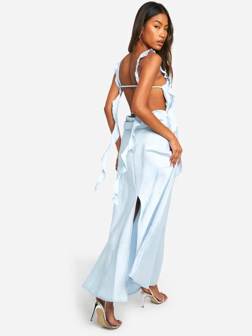 boohoo Dames Satijn franje riem maxi-jurk lichtblauw, foto 2