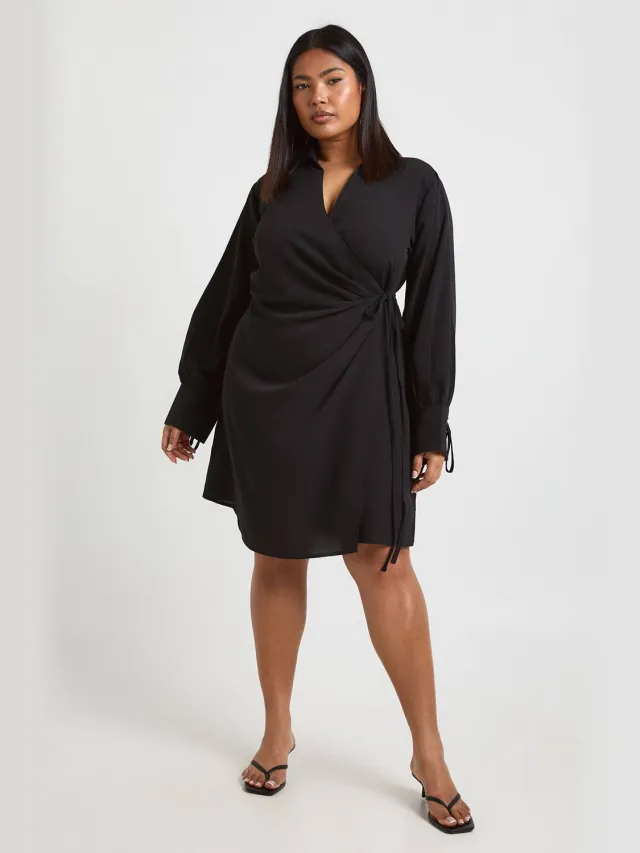 boohoo Dames Plus Geweven Wikkel Strik Midaxi Jurk Zwart