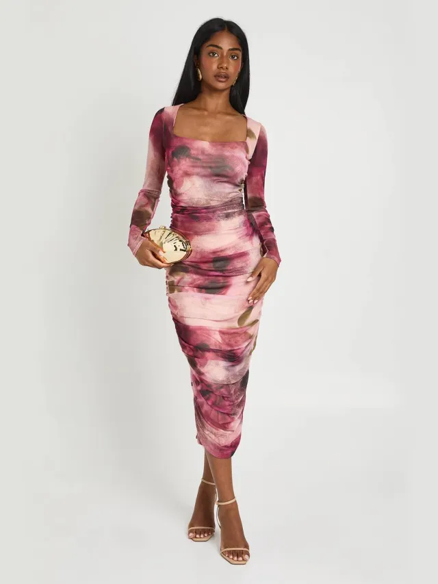 boohoo Dames Getinte Bloemenprint Vierkante Hals Geplooid Mesh Midaxi Jurk Roos