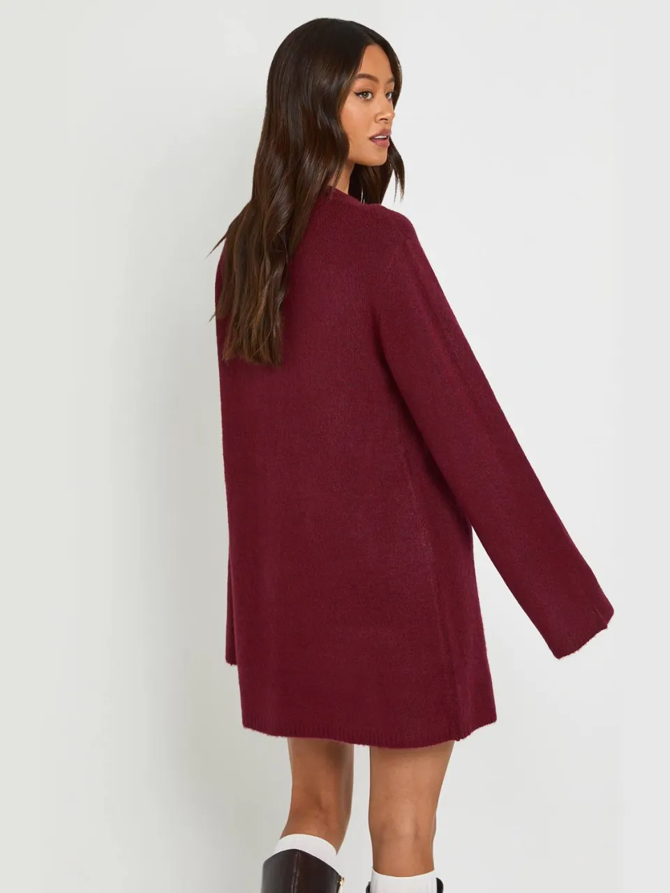 boohoo Dames Lange Trui-jurk Met Col En Uitlopende Mouwen bordeaux rood, foto 3