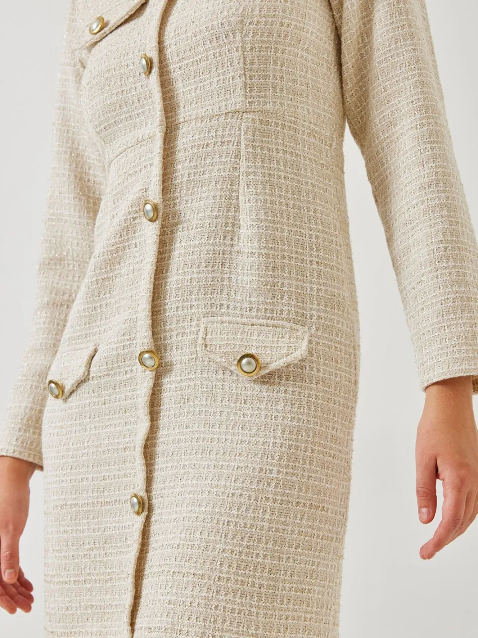 Bianco Lucci Geknoopte Pocket Tweed Mini Jurk met Ronddecolleté beige, foto 2