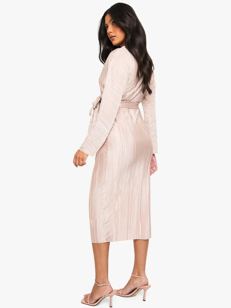 boohoo Dames Zwangerschapsplisse met ceintuur midi-jurk champagne, foto 2