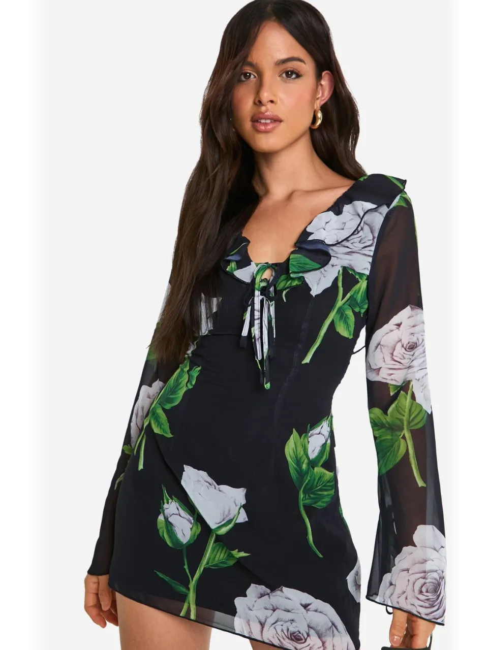 boohoo Dames Florale Chiffon Ruffle Shift Jurk zwart, foto 4