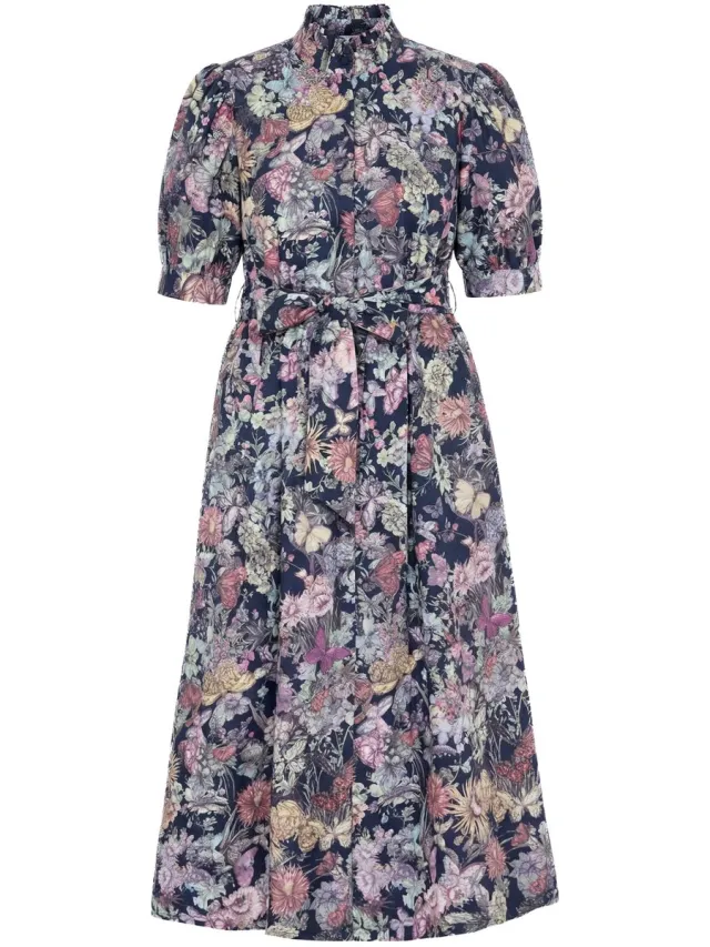 Ulla Popken Dames - Maxi-jurk gobelinpatroon A-lijn opstaande kraag korte mouw - Marine - Maat 58+