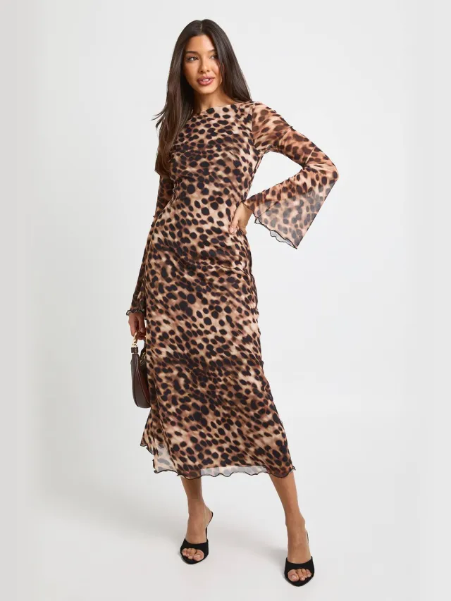 boohoo Dames Getinte Luipaardprint Fit & Flare Mesh Midaxi Jurk