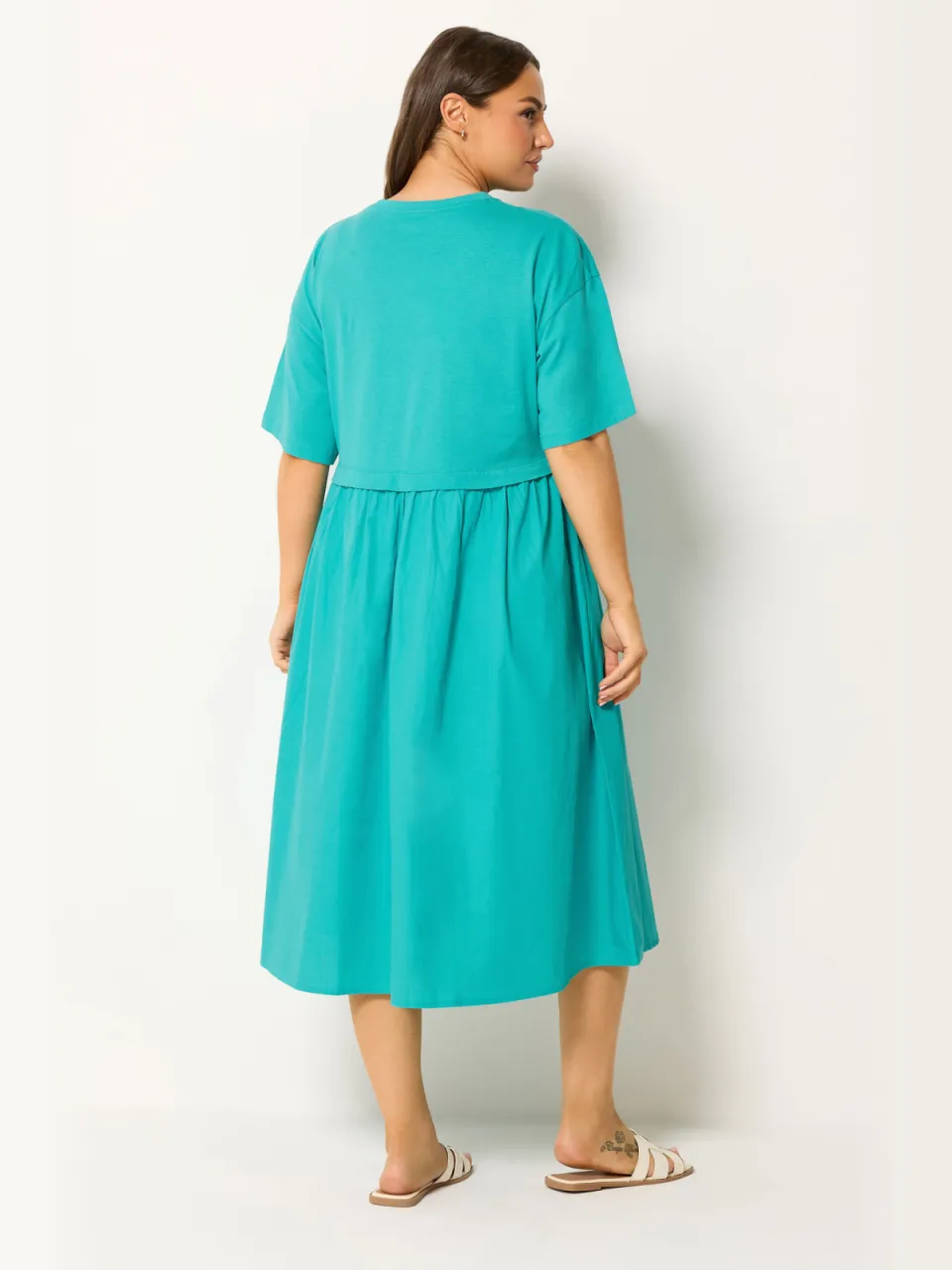Yours Turquoise Blauw Poplin Tshirt Midijurk-56, foto 3