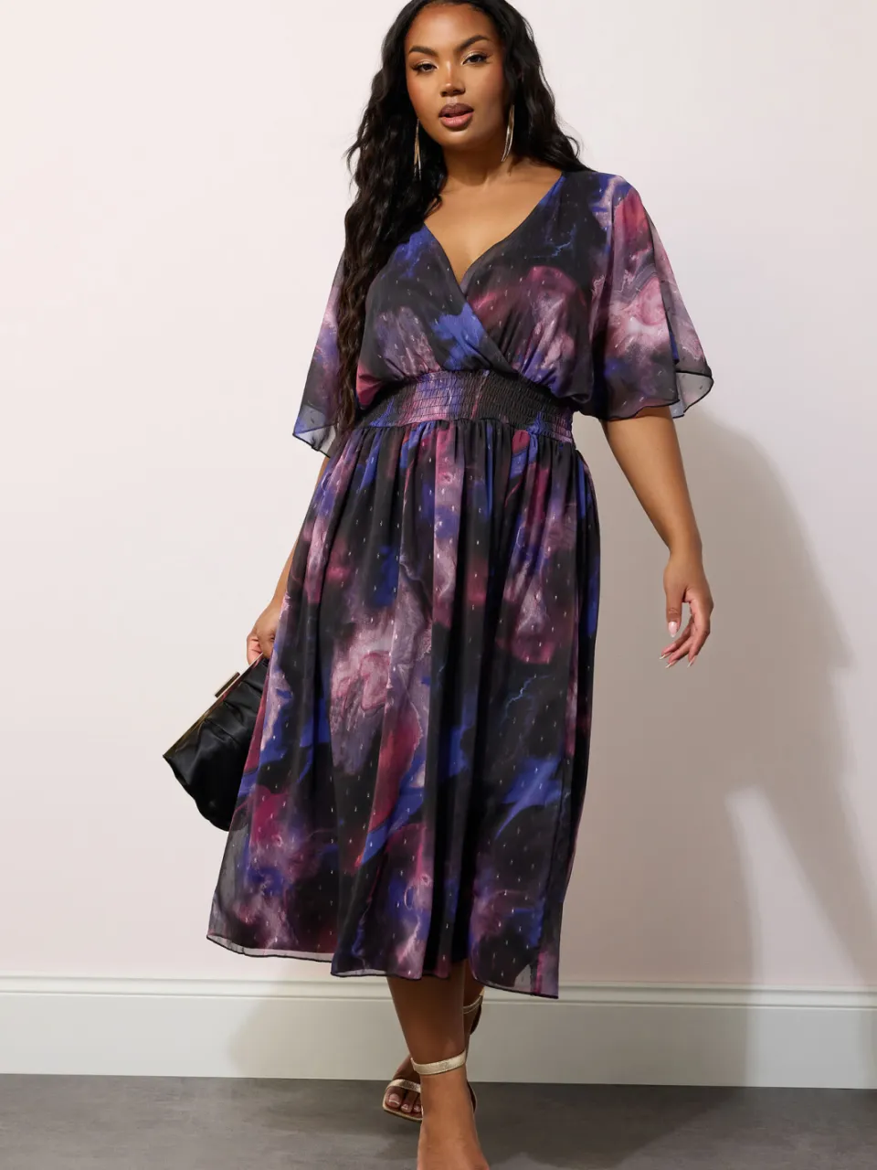 Yours London Midijurk Met Abstracte Print En Elastische Taille In Metallic Zwart Black