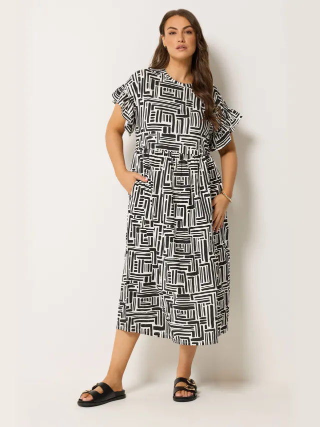 Yours Zwarte Jurk Met Abstracte Print En Ruches Aan De Mouwen Black