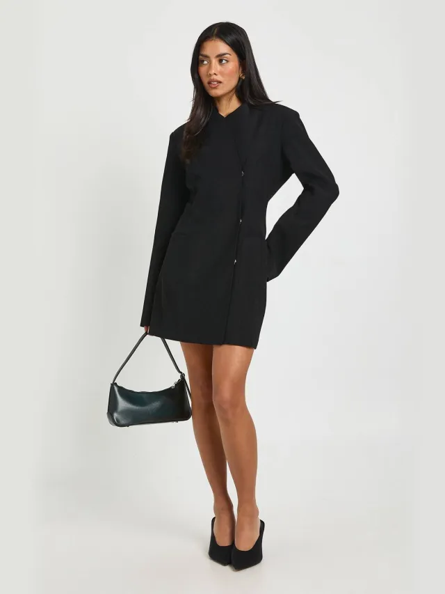 boohoo Dames Gestructureerde Hoge Hals Wikkel Voorkant Blazer Jurk Zwart