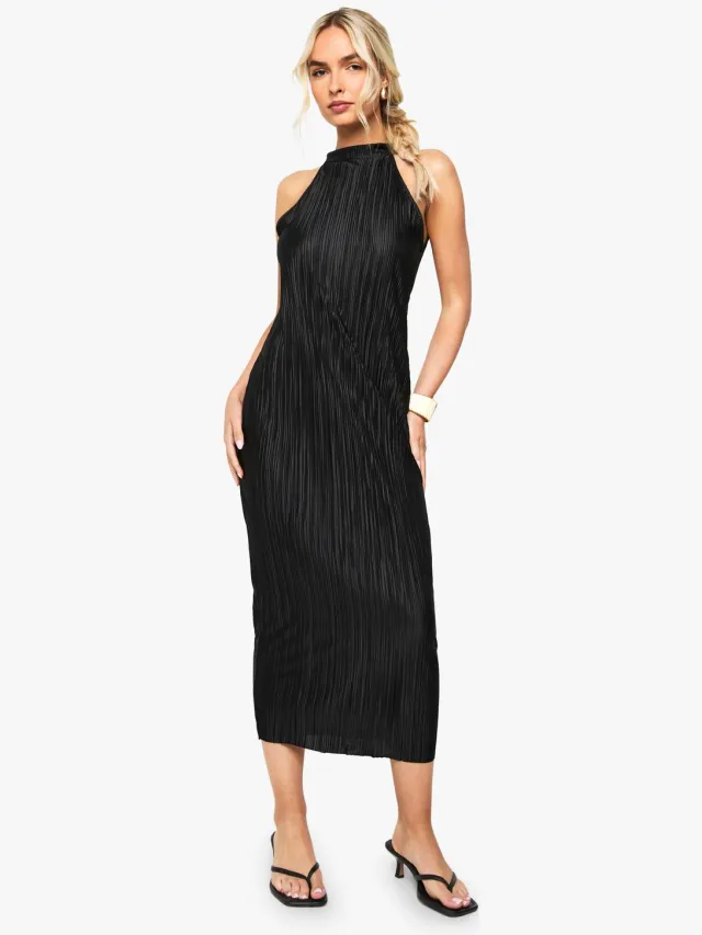 boohoo Dames Plisse Halterneck Midi-jurk Black