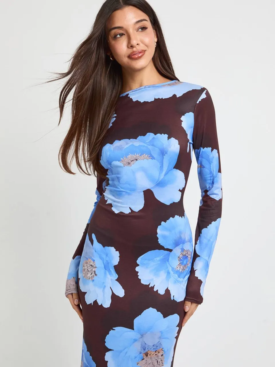 boohoo Dames Lange Bloemenjurk Met Lange Mouwen chocoladebruin, foto 2