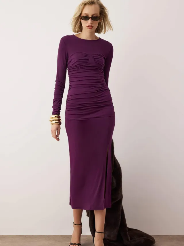 Trendyol TRENDYOLMİLLA Dames Paars Effen Maxi Lang Stijlvol/Avond Bodycon Jurken Rood