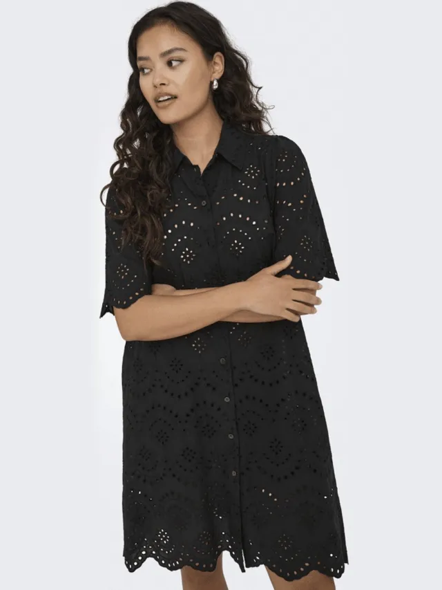Only Valais Ss. Emb Dress Wvn Fr - Jurk - Black Zwart