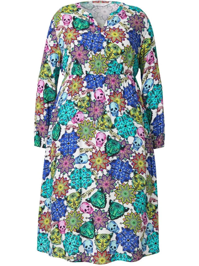 Angel of Style Dames - Midi-jurk all-over doodshoofdprint lange mouwen - Noorderlichtblauw