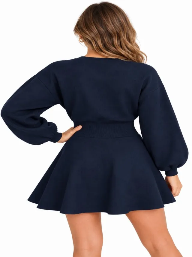 Imily Bela Dames Gebreide Mini-Jurk met Ronde Hals, Pofmouwen en Uitlopende Rok Marineblauw