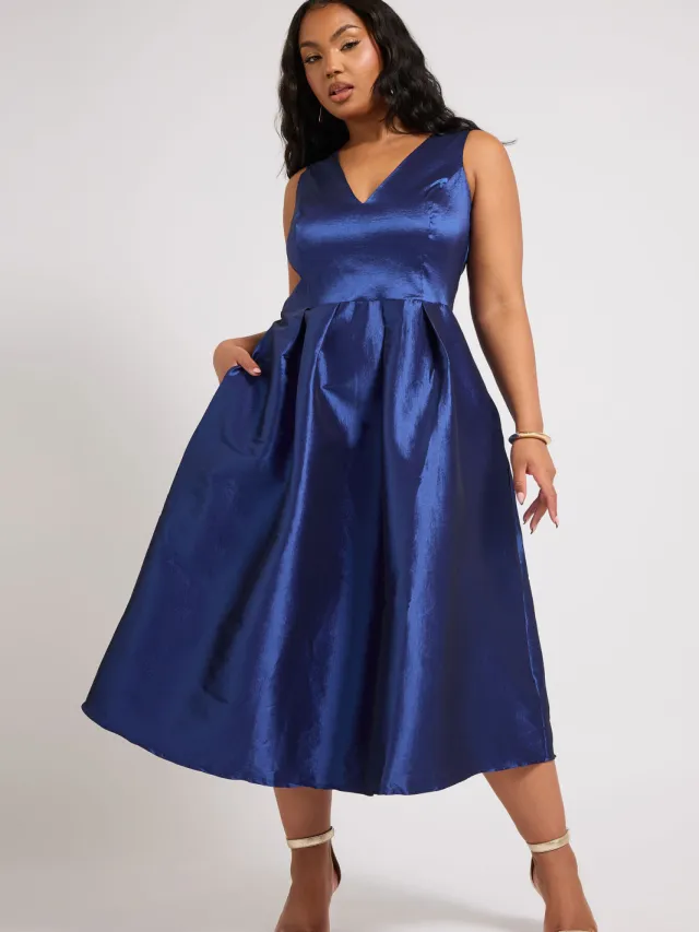 Yours London Midijurk Met Plooidetail En Vhals In Donkerblauw Blue