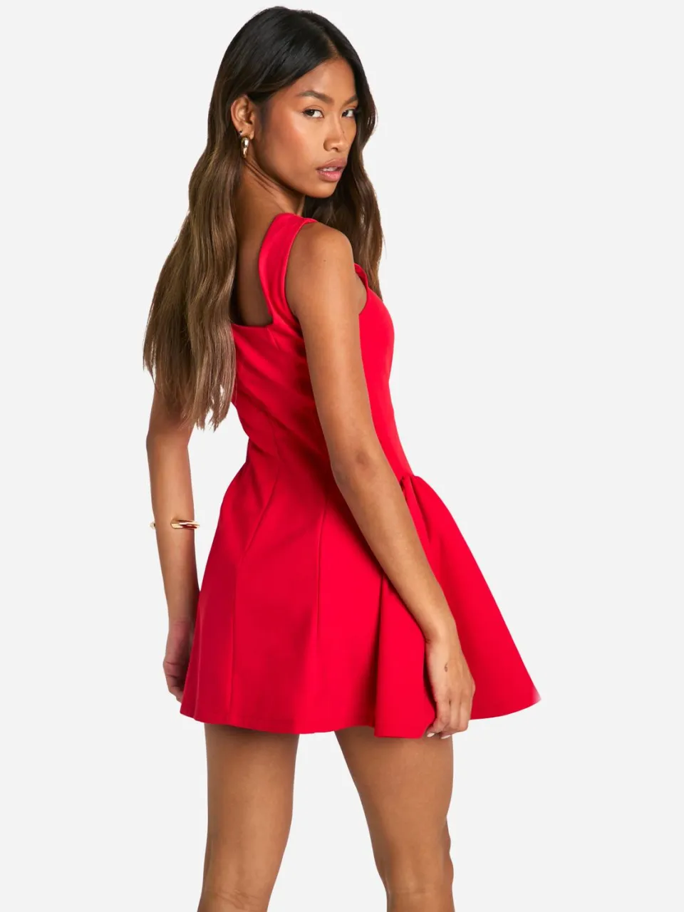 boohoo Dames Mini-jurk met volle rok en vierkante halslijn rood, foto 2