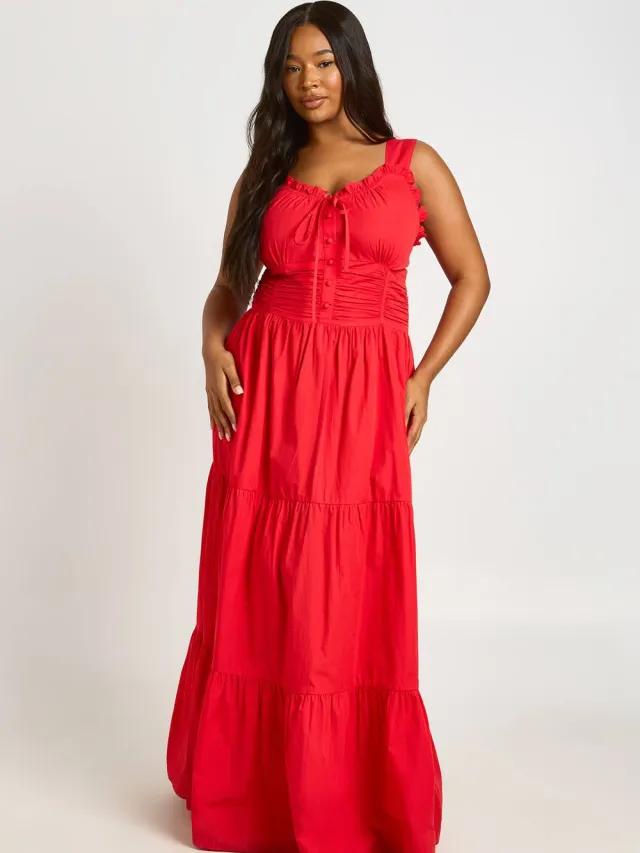 boohoo Dames Plus Gerimpelde Poplin Maxi Jurk Rood