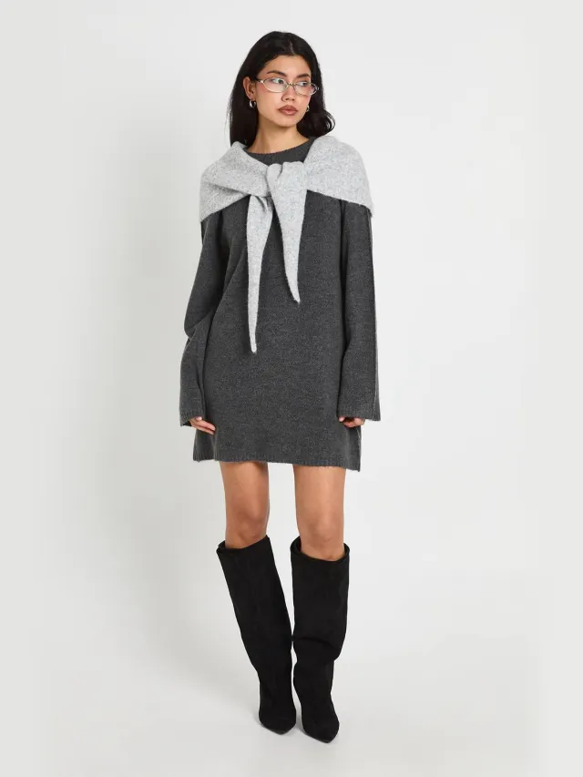 boohoo Dames Gebreide Mini-jurk Met Ronde Hals En Uitlopende Mouwen Houtskool