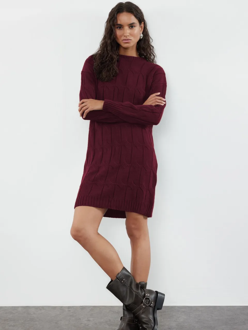 Trendyol TRENDYOLMİLLA Dames Bordeaux Effen Kort / Mini Lang Casual Recht Jurken Bordeauxrood