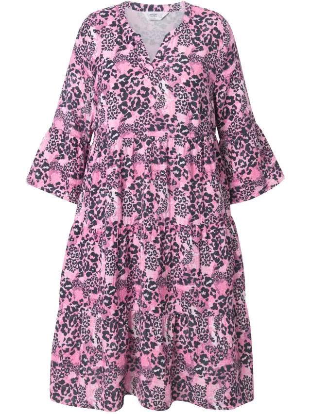Angel of Style Dames - Jurk A-lijn mousseline luipaardmotief volants - Hibiscusrood