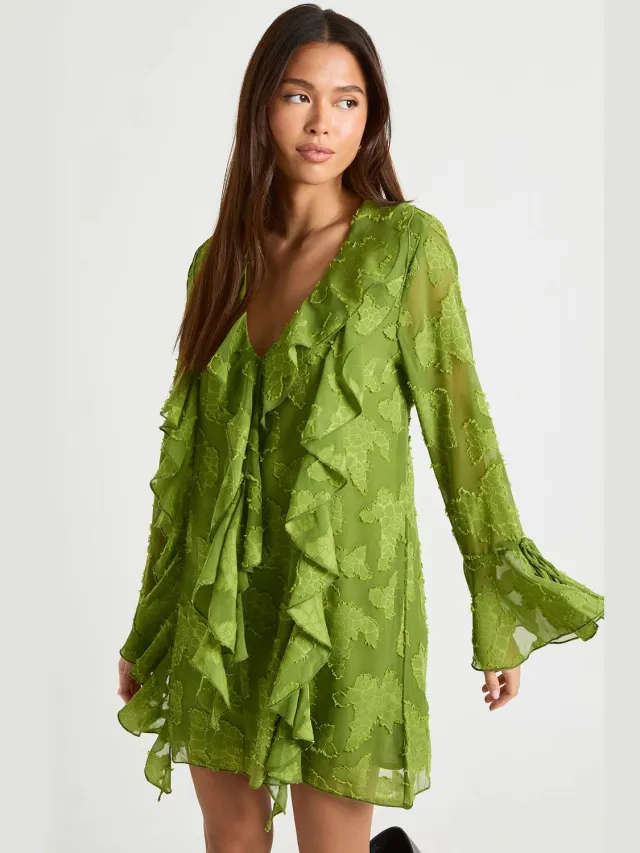 boohoo Dames Burnout bloemenjurk in shiftstijl met ruches olijf, foto 2