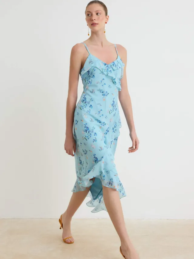 Trendyol TRENDYOLMİLLA Dames Blauw Bloemen Maxi Mouwloos Avond / Dagelijks Asymmetrisch Jurken