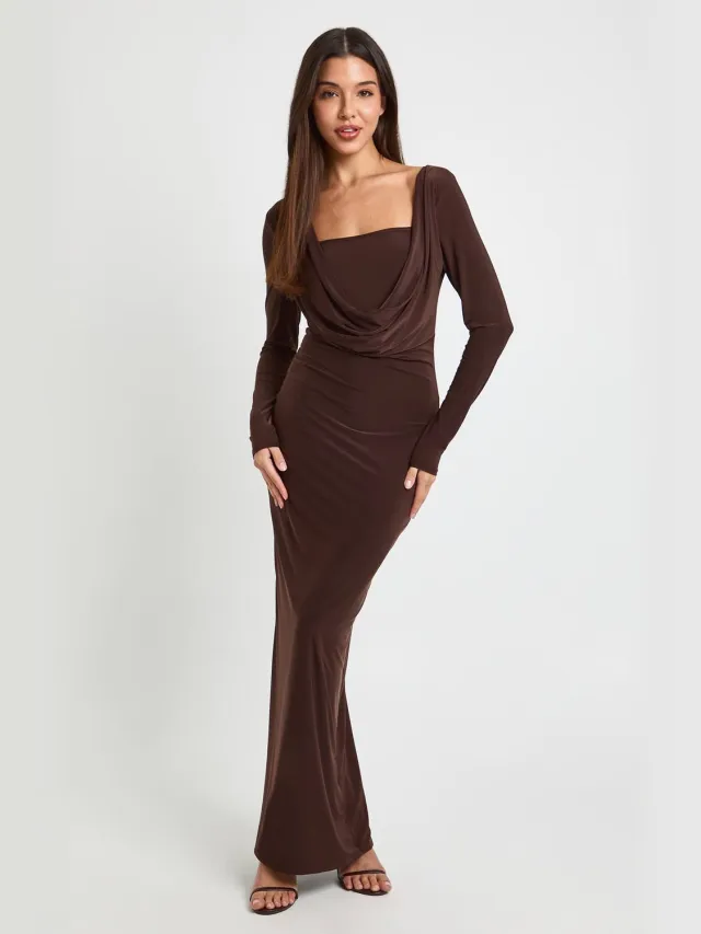 boohoo Dames Maxi-jurk Met Lange Mouwen En Cowl-inzet Chocoladebruin