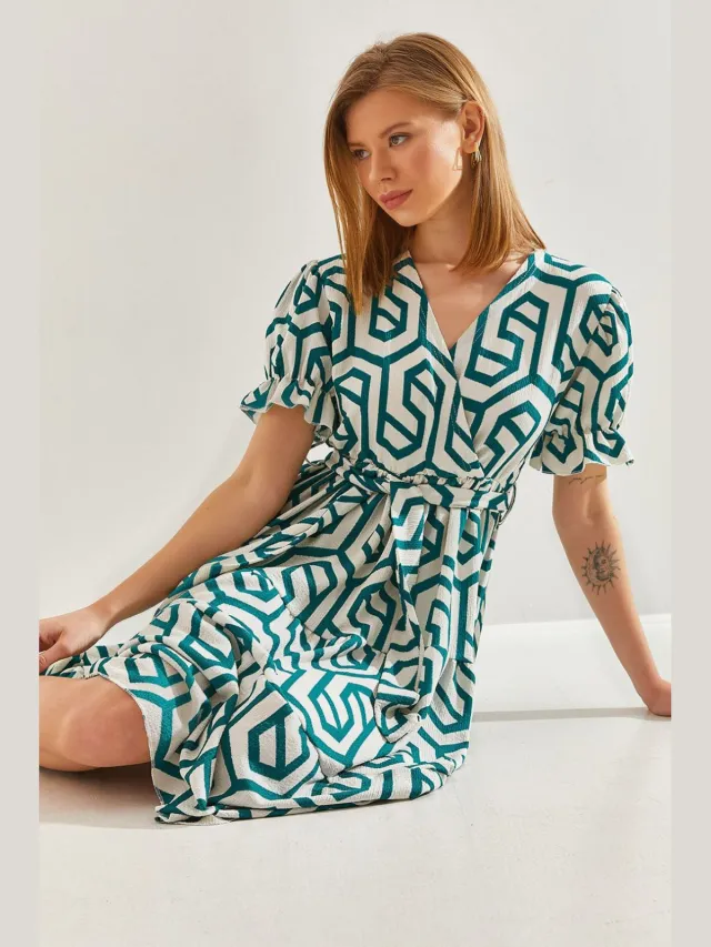 Bianco Lucci Geometrisch Patroon V-Hals Midi Jurk met Rijgceintuur Groen