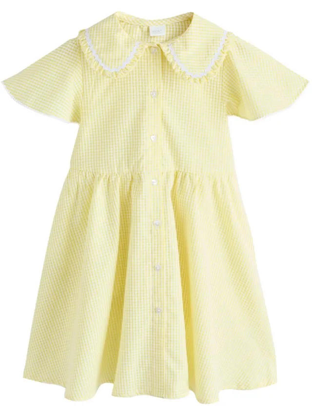 Next Meisjes - Katoenrijke gingham schooljurk met wijde mouwen - Geel Yellow