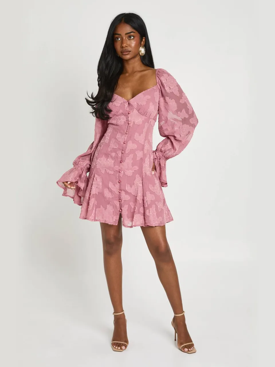 boohoo Dames Burnout Bloemen Godet Zoom Mini Jurk roos, foto 3