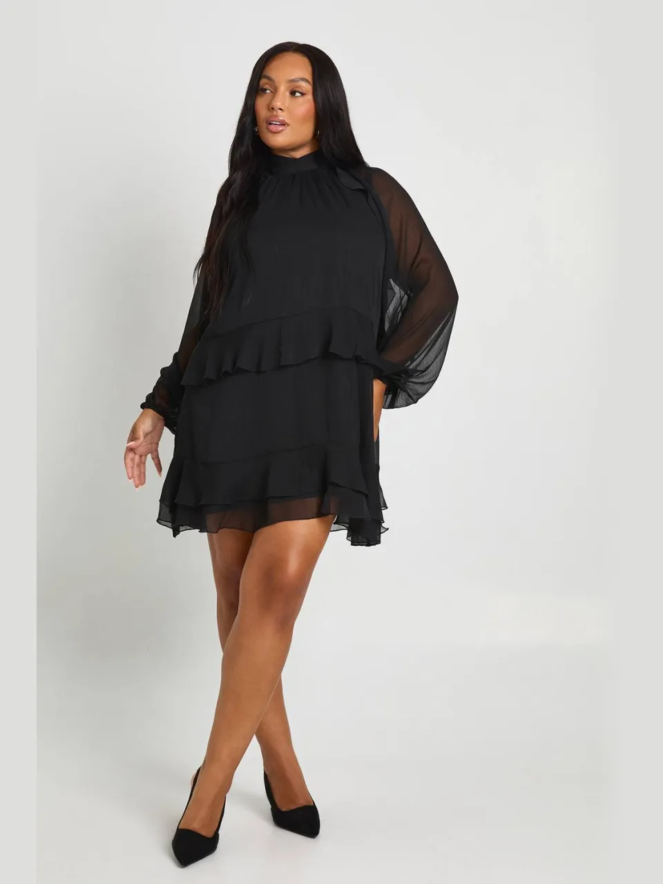 boohoo Dames Plus chiffon smockjurk met ruches Zwart