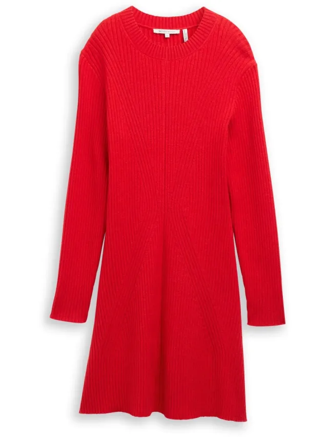 Tom Tailor Denim - Getailleerde mini-jurk van geribbelde tricot - brilliant red
