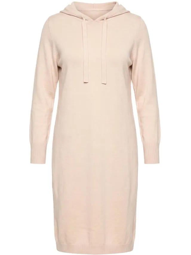 Ulla Popken Dames - Gebreide midi-jurk capuchon lange mouwen - Beige gemêleerd - Maat 42+