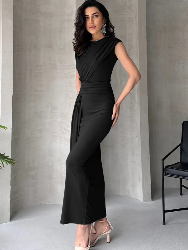 Trendyol TRENDYOLMİLLA Dames Zwart Effen Maxi Mouwloos Stijlvol/Avond Bodycon Jurken