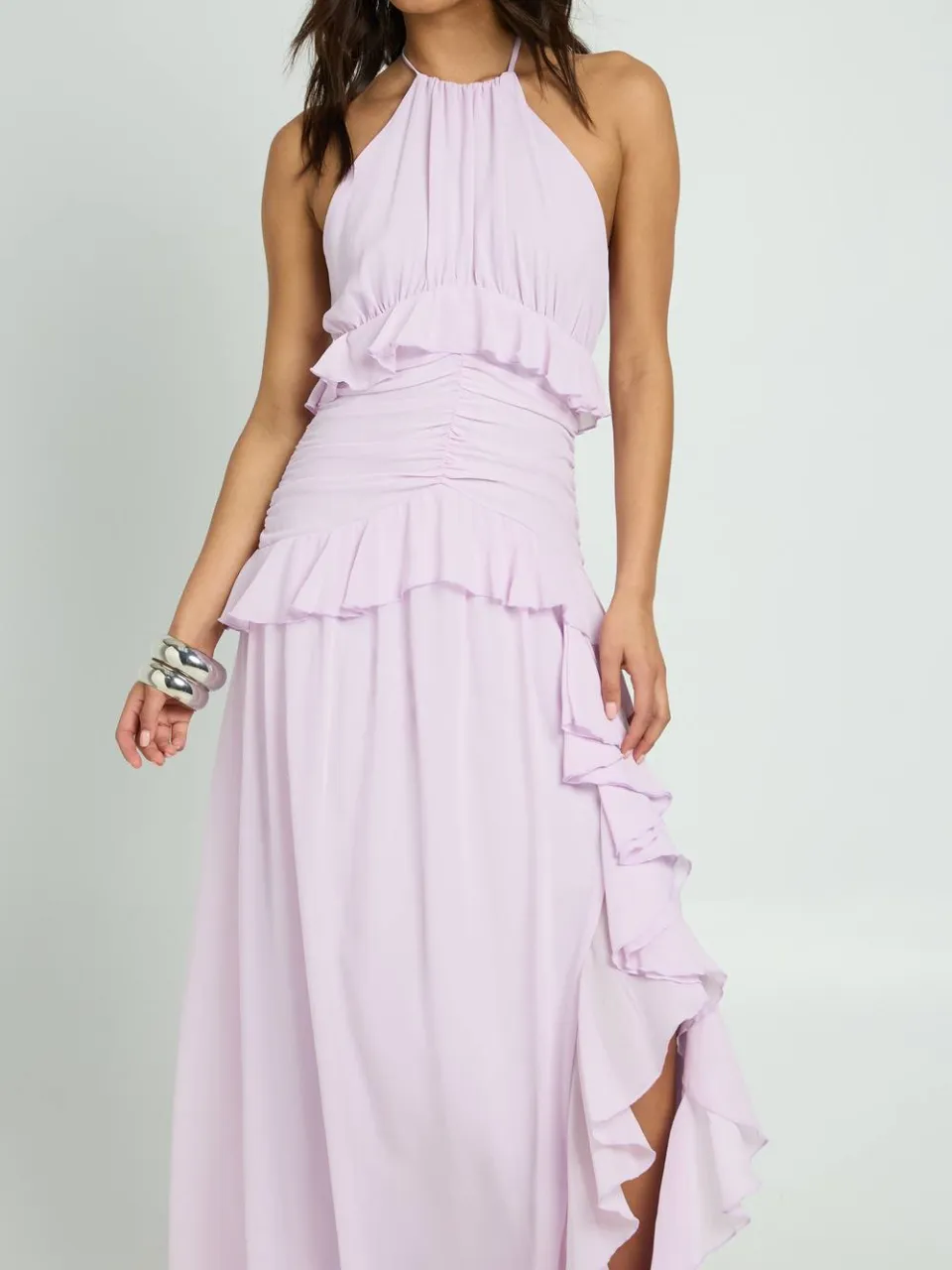 boohoo Dames Halternek Chiffon Maxi Jurk Met Ruche Details lila, foto 4
