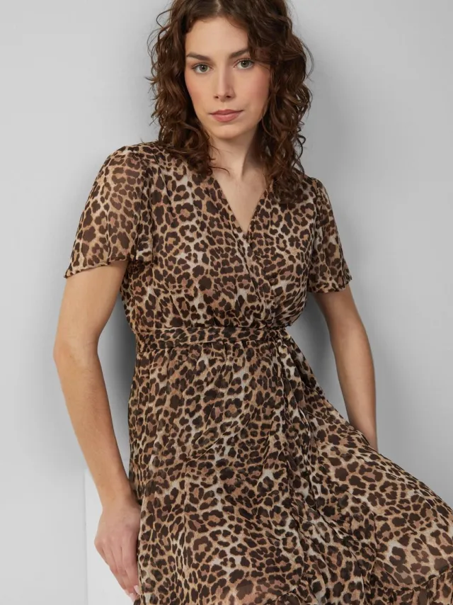 QS female - Chiffon jurk in een wikkel-look met een all-over print zwart