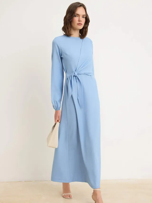 Trendyol Modest Dames Blauw Effen Maxi Lang Casual Double-breasted Modest Jurken
