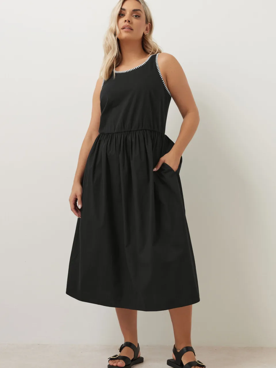 Yours Midi Jurk Met Contrasterende Stiksels En Zakken In Zwart-52, foto 2