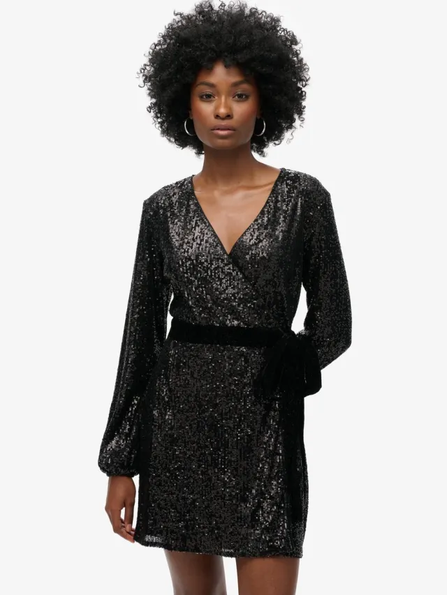 Superdry Fluwelen mini-wikkeljurk met pailletten - Dames - Jurken black sequin