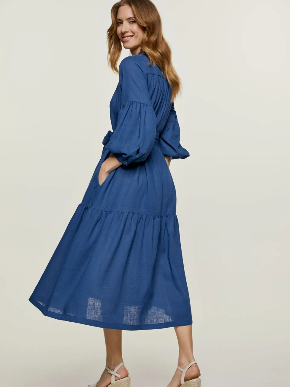 Conquista Linnen stijl blauwe jurk met zakken, foto 2