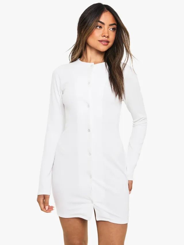 boohoo Dames Rib Button Down Mini Jurk Wit