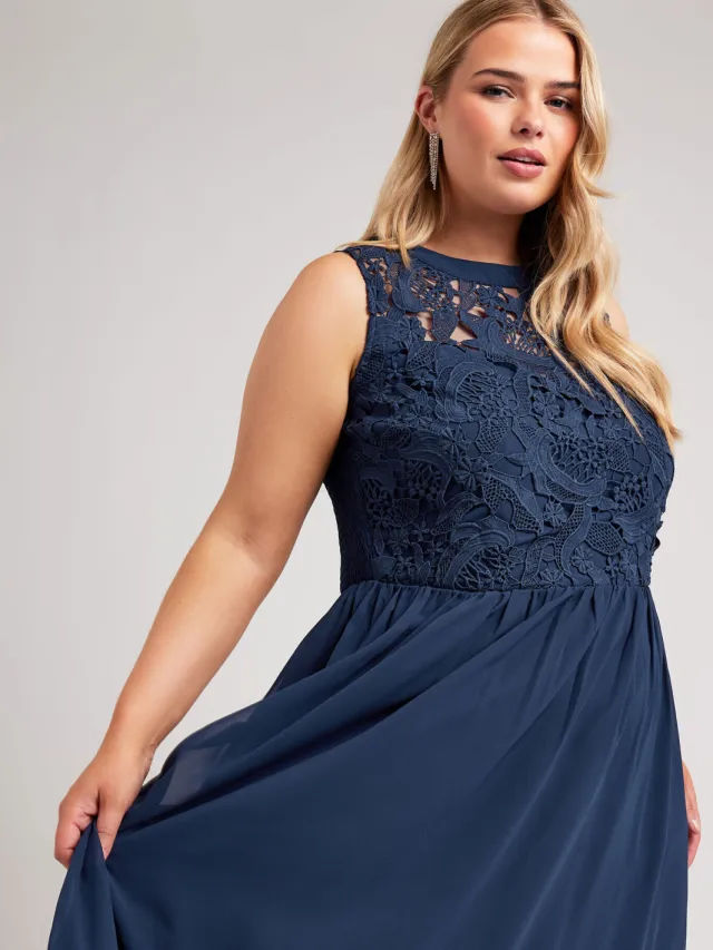 Yours London Mouwloze Maxijurk Met Lijfje Met Bloemenkant In Donkerblauw Blue